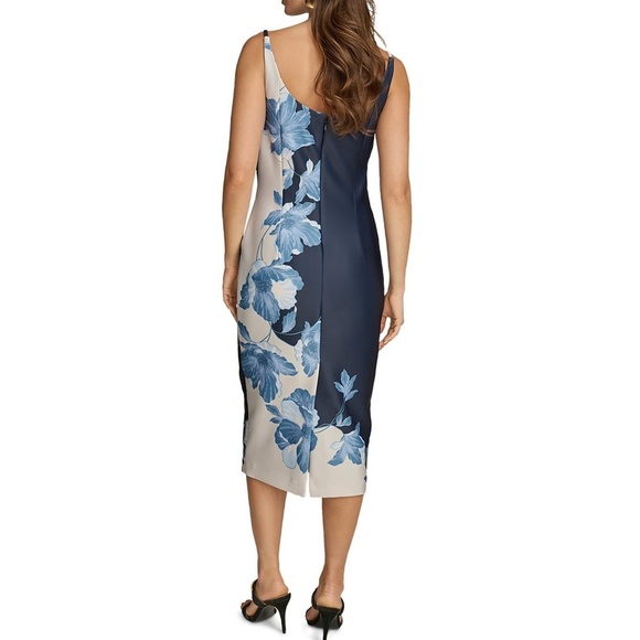 Donna Karan Boat Neck Sleeveless Sheath Navy & Cream Floral Midi Nightfall Dress - Picture 2 of 9